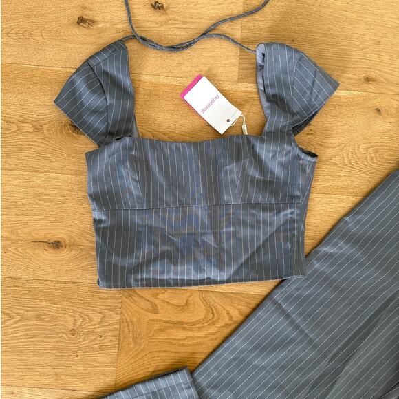 Beginning Boutique - Louis Pin Stripe Top & Pants Set in Gray & White - Picture 2 of 6
